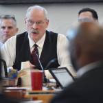 In this file photo, Sen. Bert Stedman, R-Sitka, Co-Chair of the Senate Finance Committee, raises his concerns about the proposed lack of funding for the Alaska Marine Highway System at the Capitol on Feb. 19, 2019. Major cuts to fuel for the ferries could effectively shut the transportation system down. (Michael Penn | Juneau Empire File)