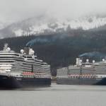 In this May 1, 2017 photo, the Holland America Line cruise ships Eurodam, left, and Nieuw Amsterdam pull into Juneaus downtown harbor. (Michael Penn | Juneau Empire File)