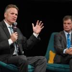 Alaska Gov. Mike Dunleavy and Wyoming Gov. Mark Gordon speak during the International Forum of Sovereign Wealth Funds annual meeting Thursday, Sept. 12, 2019, at Centennial Hall. The two governors were part of a panel discussion during the yearly gathering of state-owned investment funds. (Michael Penn | Juneau Empire)