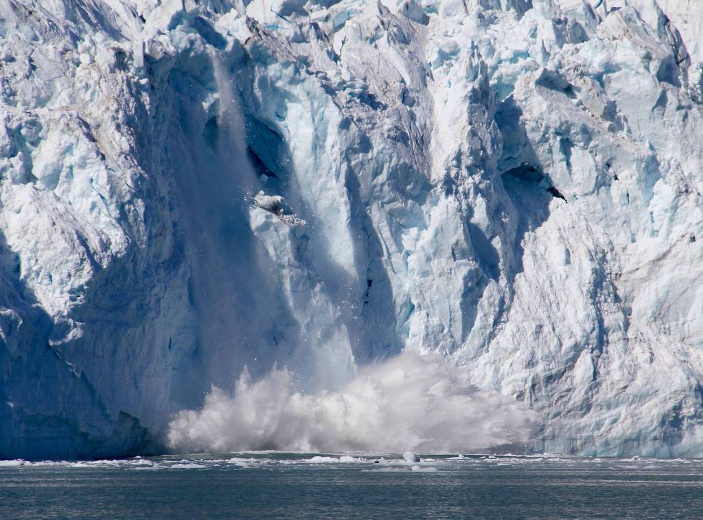A pillar of ice collapses and calves off of the Margerie glacier on May 27 in Glacier Bay. (Courtesy Photo | Steve Parker)