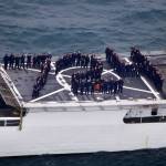 Members from Coast Guard Cutter Douglas Munro stand in formation on the back of the cutter, July 24, 2020. The cutters hull day, July 24, correlates with its hull number, 724. (Courtesy photo / U.S. Coast Guard)