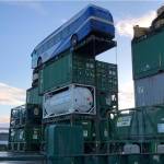 Capital Transit received its first electric bus, seen here as it was being shipped to Juneau via barge, on Dec. 16, 2020. The bus will enter active service in February. (Courtesy photo / Renewable Juneau)