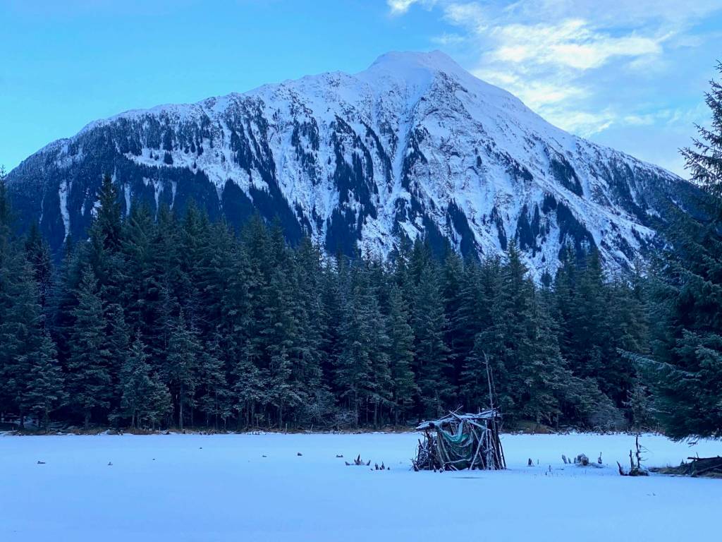 A duck blind and Mt. Bullard as seen from a Dredge Lake trail on Jan. 2. (Courtesy Photo / Denise Carroll)