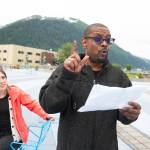 Courtesy Photo / Theater Alaska
Ibn Bailey and Natalia Spengler rehearse for Six Bears Fell out of the Sky This Morning by Alister Emerson. Six Bears Fell out of the Sky This Morning is directed by Christina Apathy and will be performed on Saturday, Aug. 14, 3-5 p.m., as a part of Climate Fair for a Cool Planet at Overstreet Park. The event is a joint effort between 350Juneau and Theater Alaska.