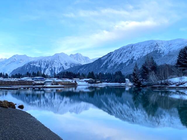 Thunder Mountain reflected in Mendenhall River on Dec. 11. (Courtesy Photo / Denise Carroll)