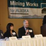 A panel discussion about transboundary mining issues involving Alaska and British Columbia is hosted Tuesday by state Sen. Jesse Kiehl, D-Juneau, during the Juneau Mining Forum conference Tuesday at the Baranof Hotel. Participating in the discussion were Andrew Rollo, left, assistant deputy minister for Energy Mines and Low Carbon Innovation in B.C., Laurel Nash, assistant deputy minister for the Ministry of Environment & Climate Change Strategy in B.C., and Jason Brune, commissioner of the Alaska Department of Environmental Conservation. (Mark Sabbatini / Juneau Empire)