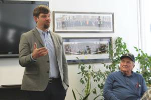 Sen. Jesse Bjorkman, left, addresses constituents during a town hall event on Saturday, April 15, 2023 in Kenai, Alaska. (Ashlyn OHara/Peninsula Clarion)