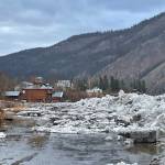 Yukon River ice sits in a ridge above the Eagle, Alaska, seawall after floodwaters lifted ice in the early morning hours of May 13, 2023. (Courtesy Photo / Ned Rozell)