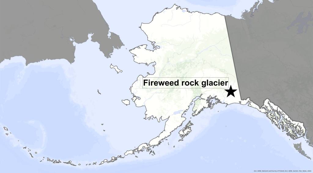 A map shows the location of the Fireweed rock glacier. (Map courtesy of the University of Alaska Fairbanks Geophysical Institute)