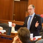 State Sen. Jesse Kiehl, D-Juneau, explains the details of his bill banning PFAS chemicals for most firefighting during the Senate floor session on May 8. A bill with those provisions was vetoed Saturday by Gov. Mike Dunleavy. (Mark Sabbatini / Juneau Empire)