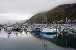 Low clouds hang over Kodiaks St. Paul Harbor on Oct. 3, 2022. Kodiak is a hub for commercial fishing, an industry with an economic impact in Alaska of $6 billion a year in 2021 and 2022, according to a new report commissioned by the Alaska Seafood Marketing Institute. (Yereth Rosen/Alaska Beacon)