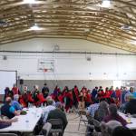 The Angoon Youth Dance Group performs in the Angoon Elementary School gymnasium for the Thayer Creek hydroelectric project celebration on Friday. (Jasz Garrett / Juneau Empire)
