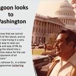 A slide presented as part of the history of the Thayer Creek hydroelectric project quotes Dan Johnson Sr., one of the early directors of Kootznoowoo Inc., in a letter to Congressman John Seiberling advocating for Angoons land protection. (Slide by Peter Metcalfe)