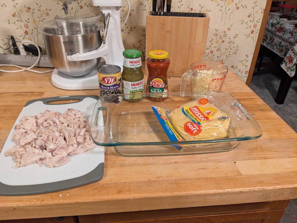 Ingredients for tortilla casserole, including turkey as the main protein. (Photo by Patty Schied)
