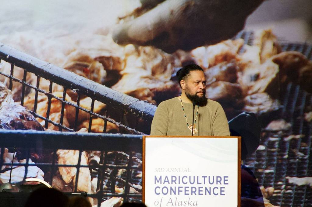 Keolani Booth gives a presentation at the third annual Mariculture Conference of Alaska in Sitka in 2024. (Photo provided by Sustainable Southeast Partnership)