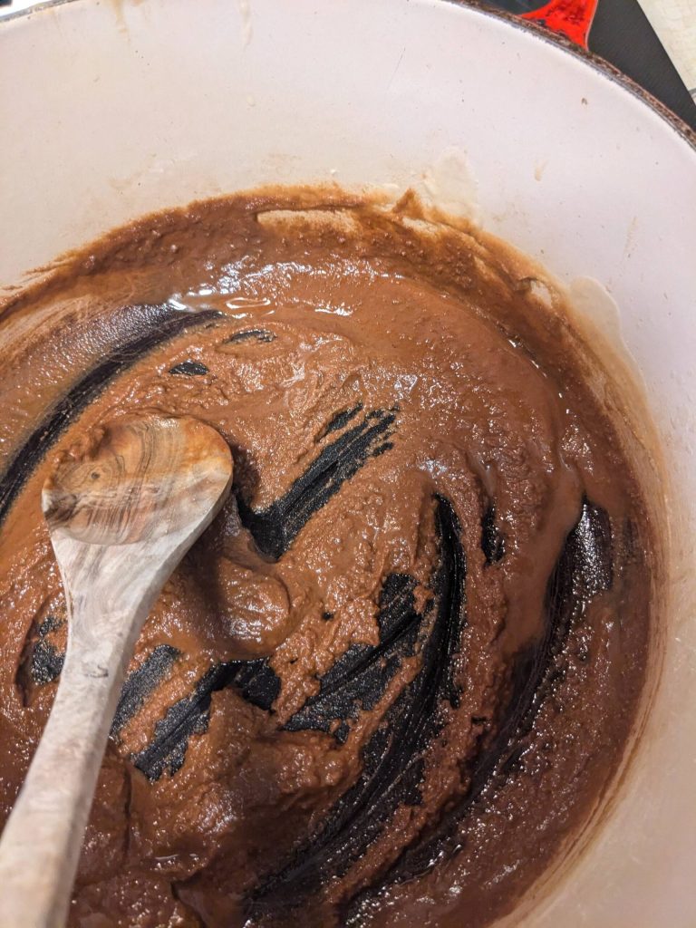 Roux for shrimp gumbo after 30 minutes. (Photo by Patty Schied)