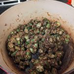 Adding orka to roux for shrimp gumbo. (Photo by Patty Schied)