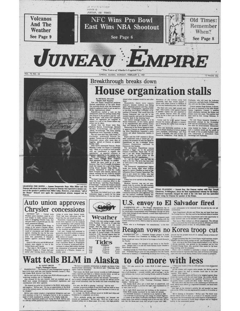 The Empires front page from Feb. 2, 1981, as the House of Representatives was still struggling to organize. (Alaska State Archives)