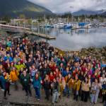 Participants of the 2024 Sustainable Southeast Partnership annual retreat in Sheetká (Sitka). This week more than 150 people are gathering for the 12th annual retreat to strengthen relationships, accelerate ideas and energize work already happening across the region. (Photo by Bethany Goodrich)