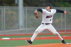 Juneau-Douglas High School: Yadaa.at Kalé junior Riley Fick throws a pitch during the Crimson Bears 10-0 victory over Ketchikan at Norman Walker Field on Friday. (Christopher Mullen/Ketchikan Daily News)
