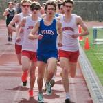 In this file photo Sitkas Connor Hitchcock leads Juneau-Douglas Owen Woodruff, Sage Janes and Nick Iverson and the pack in the 1,600 meters during the Capital City Invitational Track & Field Meet in Juneau on April 26. (Klas Stolpe / Juneau Empire file photo)