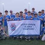 In this file photo the 2019 Little League Alaska Majors Baseball All-Stars Champions from Sitka L.L. pose for a photo at Moller Field after defeating Knik 6-5 to earn a trip to the Northwest Regionals in San Bernardino, California. Standing from left: Samson Smith, Emmit Johnson, Trey Johnson, Caleb Calhoun, Kai Hirai, Evan Grant, coach Ryne Calhoun, Bryce Calhoun, Brett Ross, coach Bob Calhoun, Josh McAlpin, Rawl Weathers, coach Rich McAlpin, and Mason Mcleod. Kneeling are Chance Coleman and Josh Gluth. Most of this roster currently play for the Sitka Wolves. (Klas Stolpe / Juneau Empire)