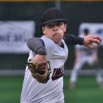 Juneau-Douglas High School: Yadaa.at Kalé junior Riley Fick delivers a pitch against Ketchikan during the Crimson Bears 17-7 win over the Kings Friday at Adair-Kennedy Memorial Park. (Klas Stolpe / Juneau Empire)