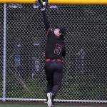 Juneau-Douglas High School: Yadaa.at Kalé senior Jacob Katasse (5) catches a fly ball out during the Crimson Bears baseball senior night against Ketchikan Saturday at Adair-Kennedy Memorial Park. (Klas Stolpe / Juneau Empire)