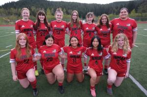 The Juneau-Douglas High School: Yadaa.at Kalé Crimson Bears girls soccer team seniors will be honored at 5 p.m. Saturday on the Adair-Kennedy Memorial Park pitch with a game against Wasilla to follow. The seniors are, front row left-to-right, Lola Hines, Mary Canapary, Milina Mazon, Priscilla Lam and Adelyn Buss. Back row - Alison Tingey, Lena Field, Parker Boman, Ella Orsborn, Cerys Hudson, Natalie Travis and Daniela Lamas. Not pictured Dori Germain and Alyssa Lawhorne. (Klas Stolpe / Juneau Empire)