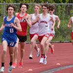 Sitka senior Connor Hitchcock, Wrangell junior Boomchain Loucks and JDHS seniors Ferguson Wheeler, Nick Iverson, Owen Woodruff and Sage Janes race the combined 1,600-meters during the Region V Track & Field Championships at Juneau's Thunder Mountain Middle School on Saturday. (Klas Stolpe / Juneau Empire)