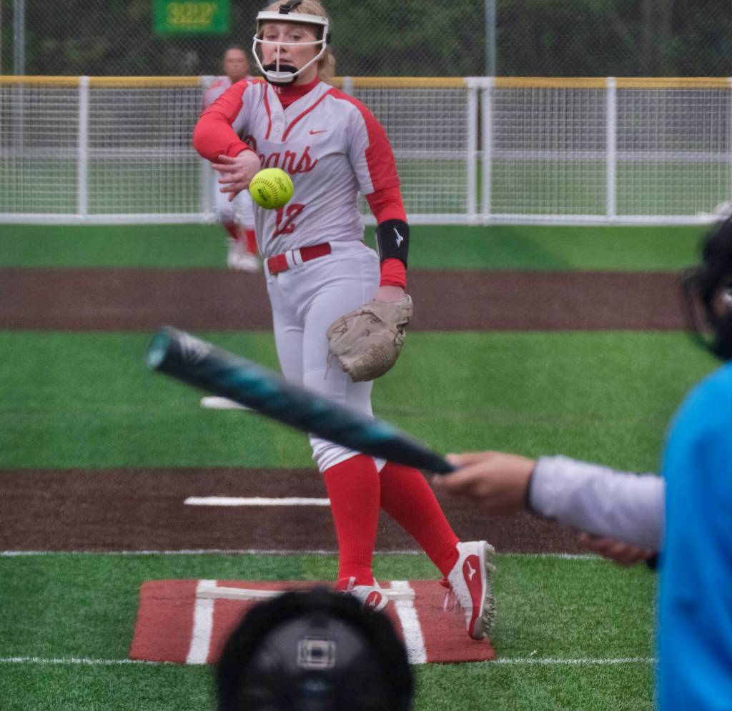 Juneau-Douglas High School: Yadaa.at Kalé sophomore pitcher Taylor Williams delivers against Sitka on Saturday at Adair-Kennedy Memorial Park during the Crimson Bears senior appreciation game. (Klas Stolpe / Juneau Empire)