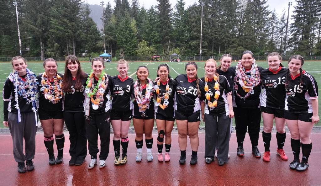 Juneau-Douglas High School: Yadaa.at Kalé Crimson Bears girls senior soccer players pose Saturday at Adair-Kennedy Memorial Park during the Crimson Bears senior appreciation ceremony. (Klas Stolpe / Juneau Empire)