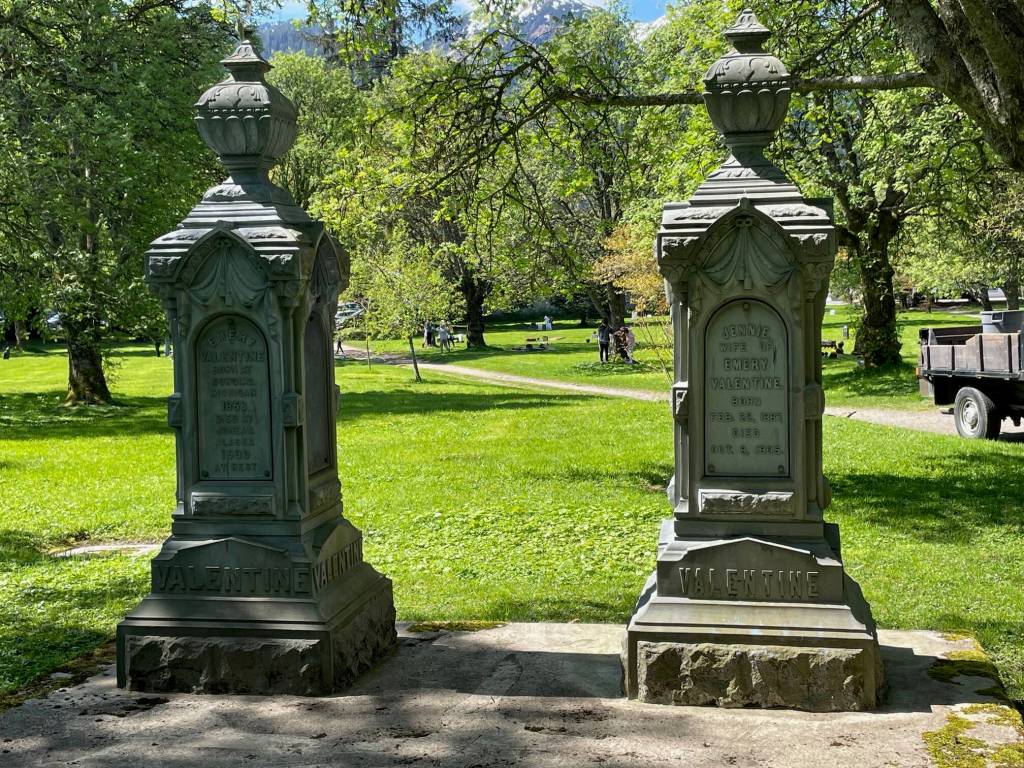 Two large monuments in Evergreen Cemetery marking the burial locations of early Juneau pioneer Emery Valentine and his wife Jennie are seen on Monday, May 19, 2025. (Laurie Craig / For the Juneau Empire)