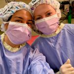 Chrish Newell and friend Sarah after a mock surgery day where they got to do mass removals on dog cadavers. (Photo courtesy Chrish Newell)