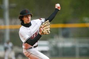 Juneau-Douglas High School: Yadaa.at Kalés Charlie Begenyl pitches during their 10-5 victory over Ketchikan on the first day of the Region V Baseball tournament at Norman Walker Field on Thursday. (Christopher Mullen/Ketchikan Daily News)