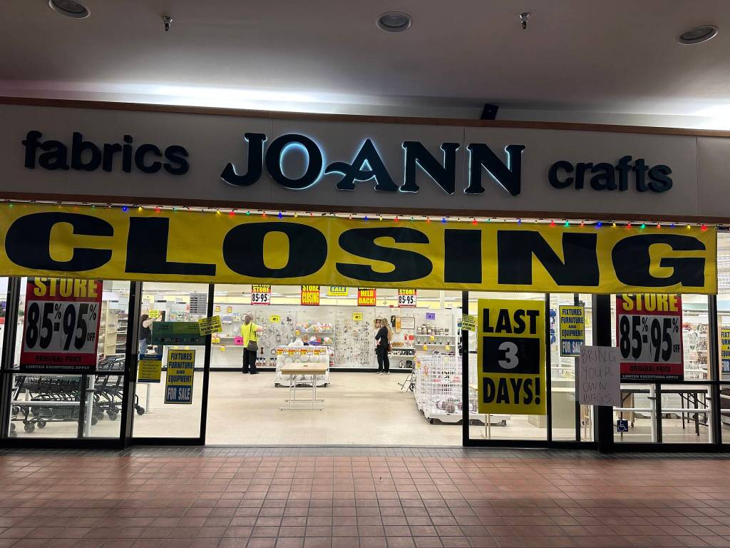 Arts and crafts retailer advertises sales for its final days of operation at the Nugget Mall on Saturday, May 24, 2025. (Mark Sabbatini / Juneau Empire)