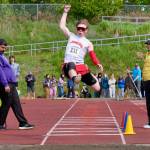 Juneau-Douglas High School: Yadaa.at Kalé senior Johnathyn Kestel soars in the finals of the long jump during the 2025 ASAA/First Bank Alaska State Track & Field Championships on Saturday at Anchorages Dimond High School. (Klas Stolpe / Juneau Empire)