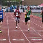 Sitka junior Calder Prussian wins the 200 meters over Mountain Christian junior Sahli Howard, Seward senior Ronan Bickling and Tri-Valley senior Cordell Randall during the 2025 ASAA/First Bank Alaska State Track & Field Championships on Saturday at Anchorages Dimond High School. (Klas Stolpe / Juneau Empire)