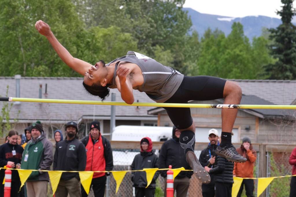 Ketchikans Trey Colbert wins the Division I boys High Jump during the 2025 ASAA/First Bank Alaska State Track & Field Championships on Friday at Anchorages Dimond High School. (Klas Stolpe / Juneau Empire)