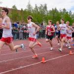 Juneau-Douglas High School: Yadaa.at Kalé seniors Nick Iverson, Sage Janes, Ferguson Wheeler and Owen Woodruff run in the 1,600 meters during the 2025 ASAA/First Bank Alaska State Track & Field Championships on Saturday at Anchorages Dimond High School. (Klas Stolpe / Juneau Empire)