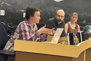 Deputy Municipal Clerk Andi Hirsh (left) explains options for implementing ranked choice voting to Juneau Assembly members during a Committee of the Whole meeting Monday, June 2, 2025, at City Hall. (Mark Sabbatini / Juneau Empire)