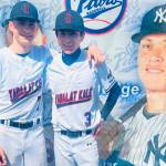 Juneau-Douglas High School: Yadaa.at Kalé junior pitcher Hunter Carte (7) and freshman pitcher Micah Nelson (3) pose for a photo at the 2025 ASAA/First National Bank Alaska DI Baseball State Tournament at Anchorages Mulchay Stadium. (Photo courtesy JDHS baseball)