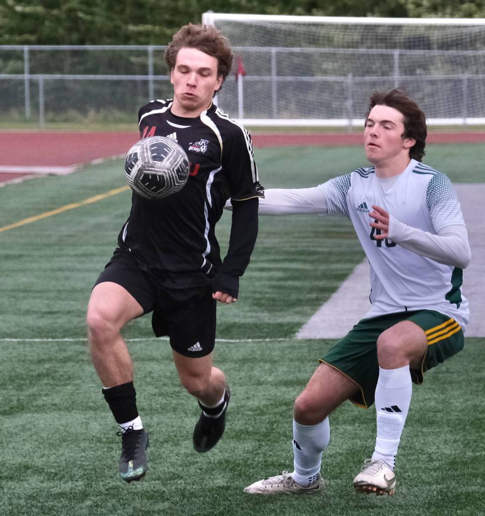 Kai Ciambor, a 2025 graduate of Juneau-Douglas High School: Yadaa.at Kalé, in action against Service during the ASAA Division I Soccer State Championships at Wasilla High School on May 29. Ciambor was selected the Gatorade Alaska Boys Soccer Player of the Year on Thursday. (Klas Stolpe / Juneau Empire)