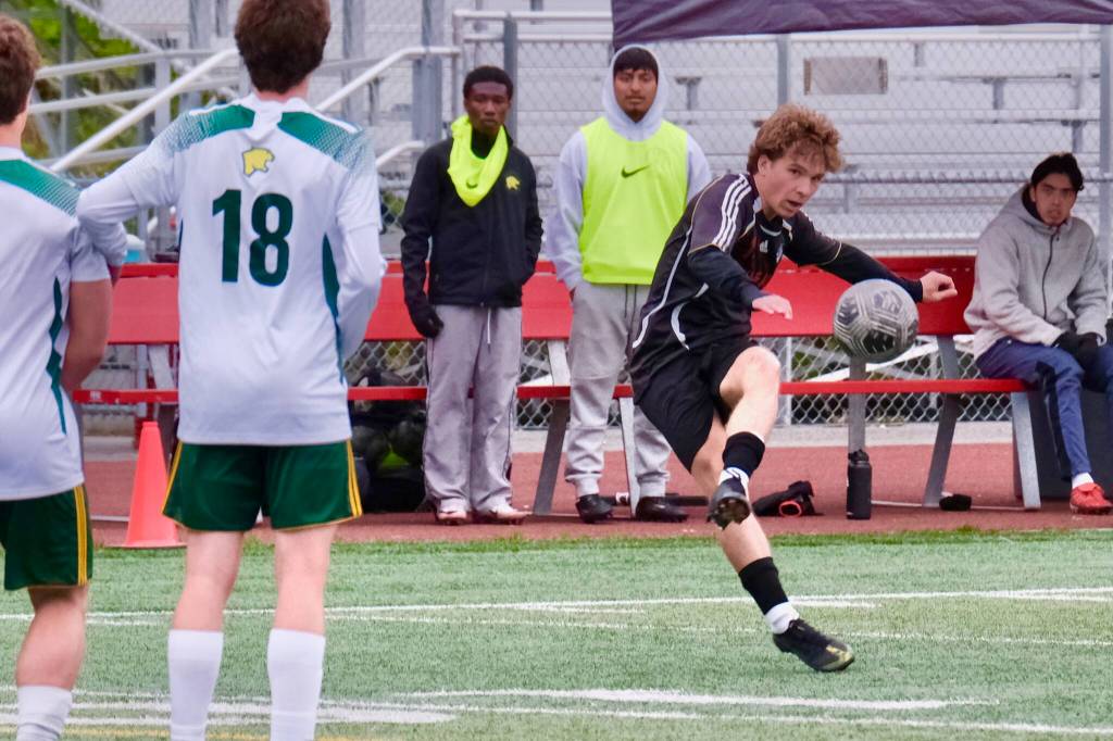 Kai Ciambor, a 2025 graduate of Juneau-Douglas High School: Yadaa.at Kalé, in action against Service during the ASAA Division I Soccer State Championships at Wasilla High School on May 29. Ciambor was selected the Gatorade Alaska Boys Soccer Player of the Year on Thursday. (Klas Stolpe / Juneau Empire)