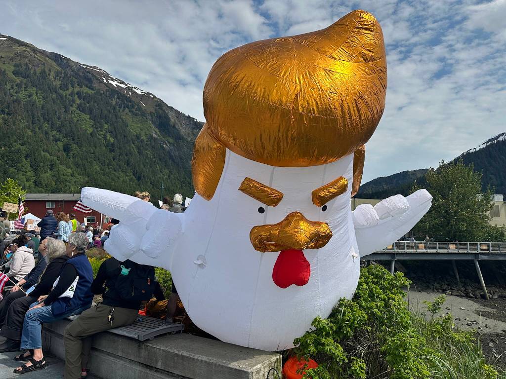 A caricature of President Donald Trump is inflated during a No Kings protest at Overstreet Park on Saturday, June 14, 2025. (Mark Sabbatini / Juneau Empire)