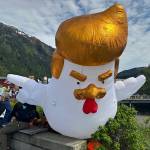 A caricature of President Donald Trump is inflated during a No Kings protest at Overstreet Park on Saturday, June 14, 2025. (Mark Sabbatini / Juneau Empire)