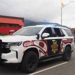 The new Tlingit and Haida Village Public Safety Officer vehicle, unveiled at the 2025 July Fourth Parade in downtown Juneau. The formline design on the wrap symbolizes protection and community. (Natalie Buttner / Juneau Empire)