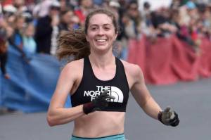 Anchorage's Klaire Rhodes, 27, wins the women's race at the Mount Marathon Race on July 4, 2025, in Seward, Alaska. (Photo by Jeff Helminiak/Peninsula Clarion)