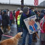 A dog sniffs the hand of a protester holding a sign that reads, All Tricks, No Treats, depicting President Donald Trump as a pumpkin. (Mari Kanagy/Juneau Empire)