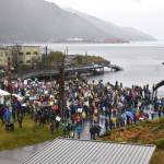 Protesters trickled in and out of the Saturday, Oct. 18, at No Tsars, No Kings protest at Overstreet Park, though event organizers estimated up to 2,000 people attended the event. (Mari Kanagy/Juneau Empire)